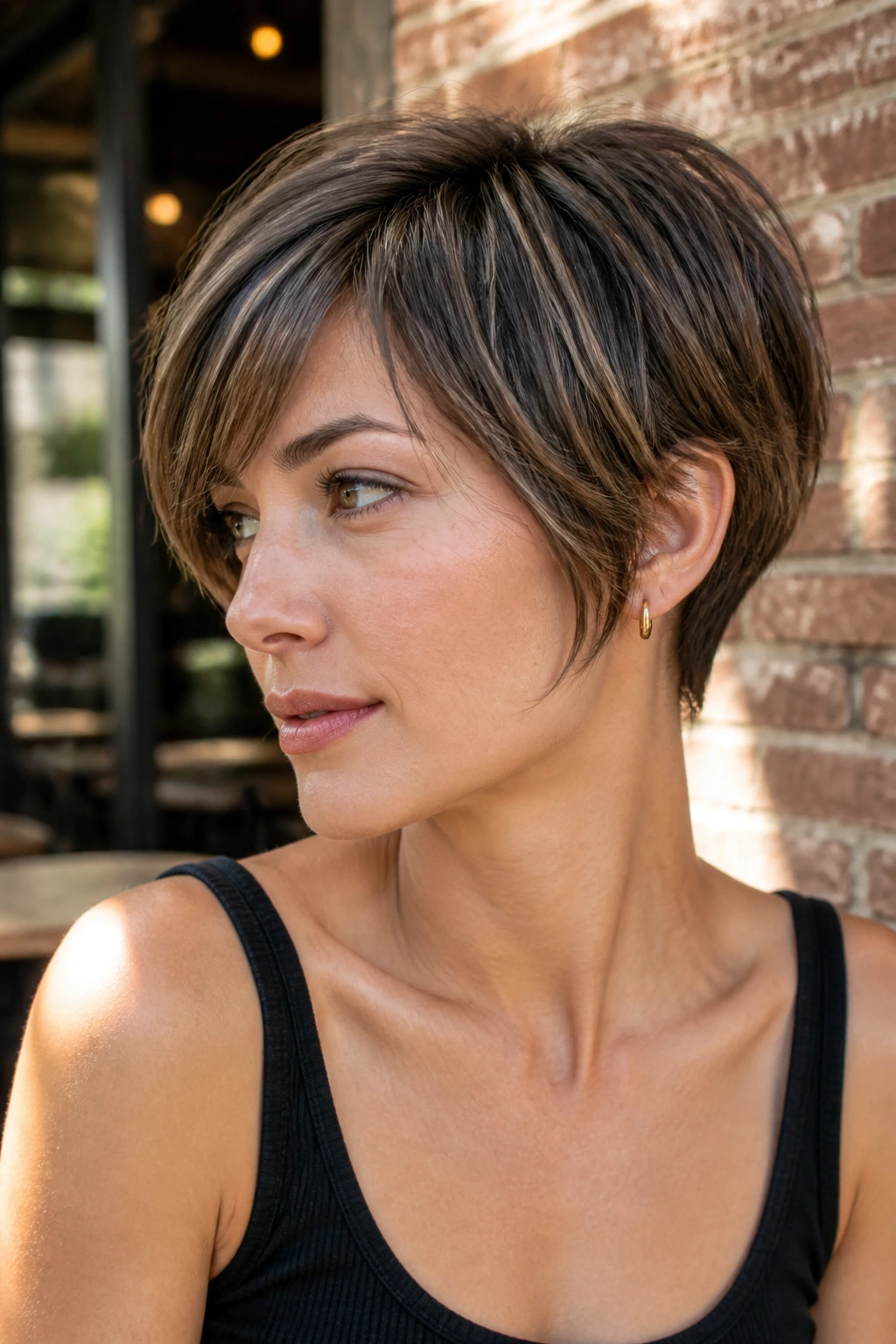 Close-up portrait of a real woman with a bixie layered pixie-bob haircut at a cafe.