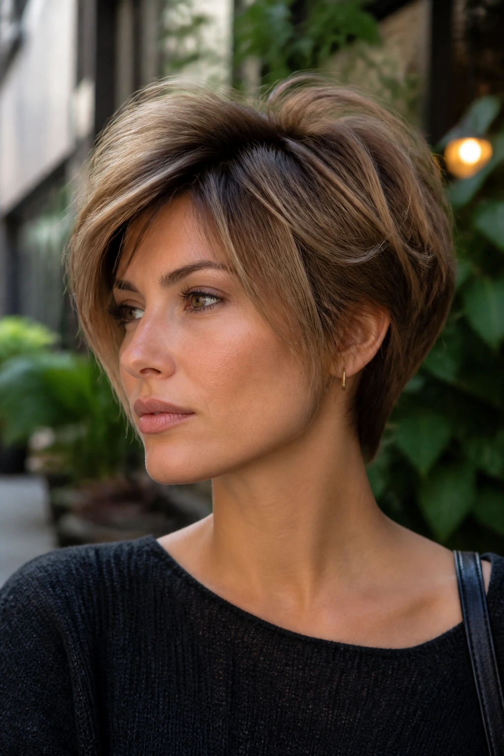 Portrait of a real person with a layered pixie-bob hairstyle outdoors