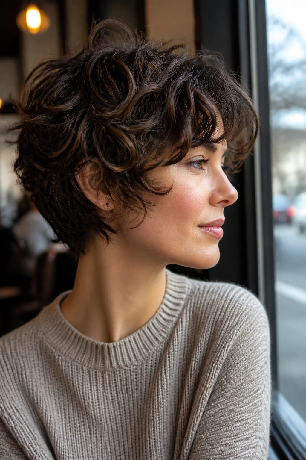 Close-up of a real person with layered pixie-bob curls