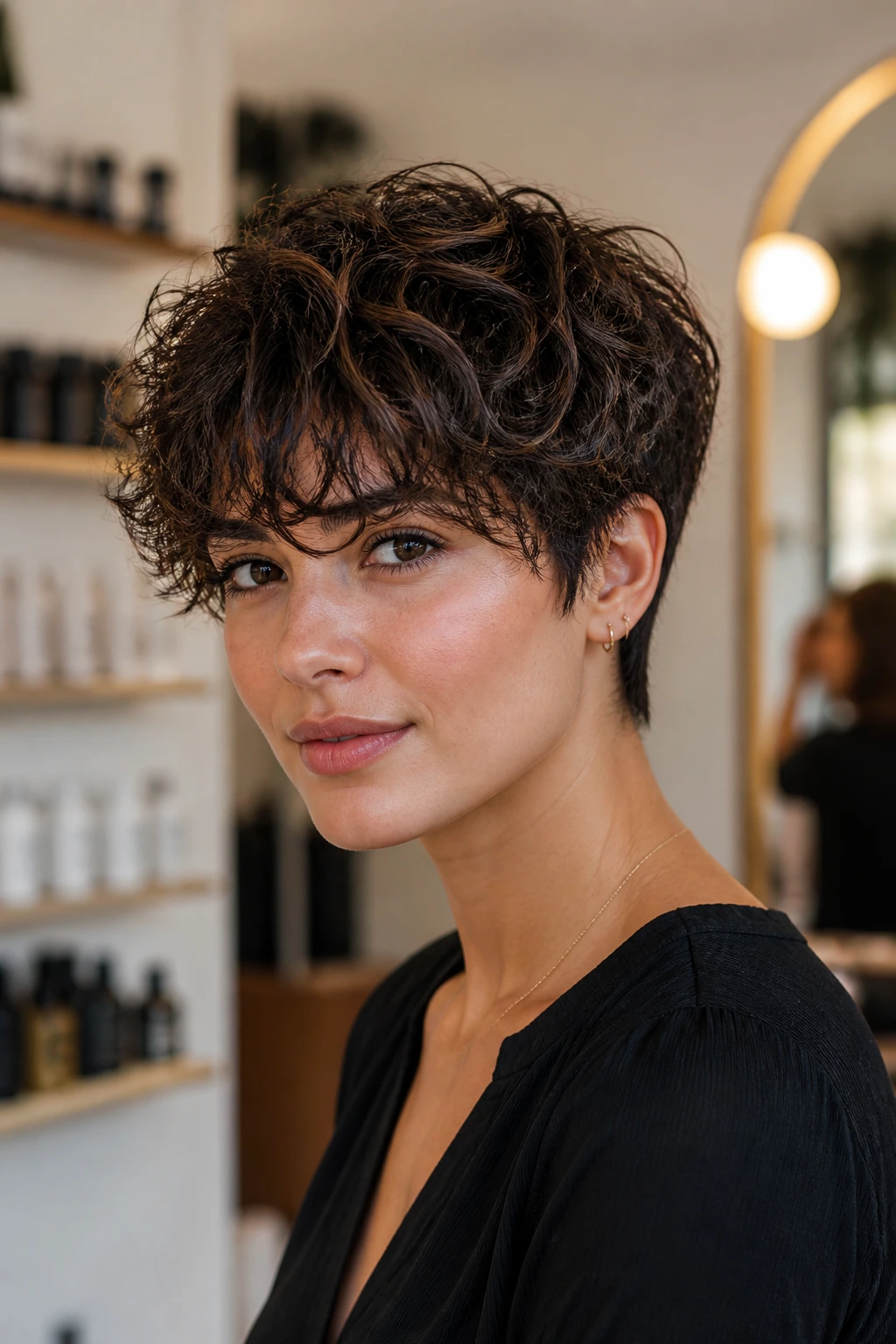Close-up of a real woman with layered pixie and long curly fringe.