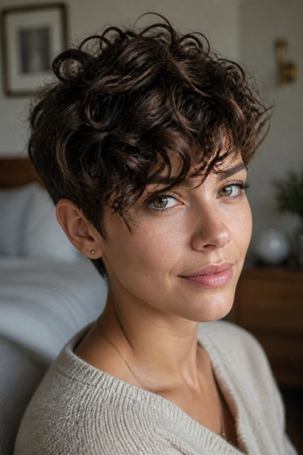 Close-up of a woman with layered pixie and long fringe curling texture