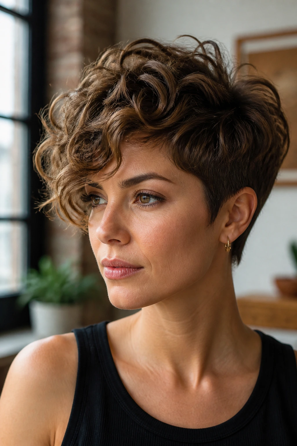 Close-up of a woman with layered pixie and long fringe.