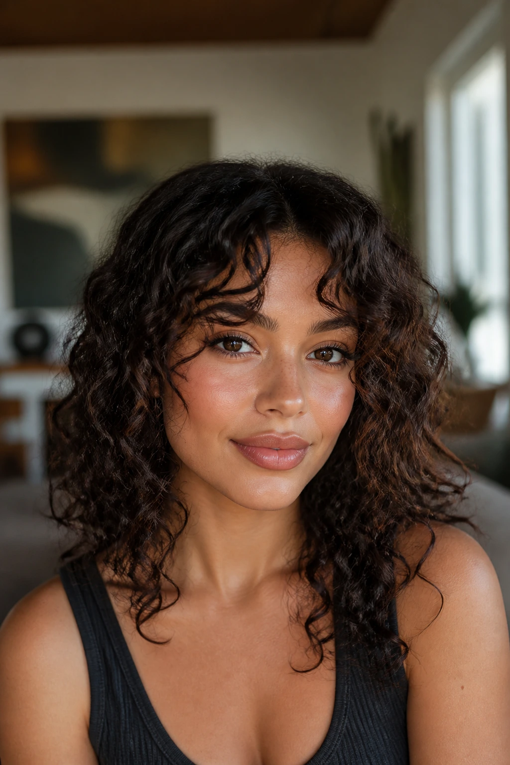 Close-up of a real woman with layered face-frame for ringlets highlighting cheekbones