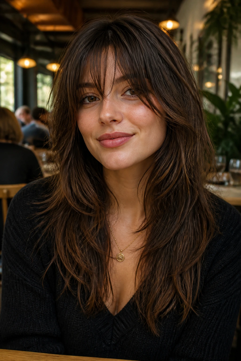 Portrait of a real person with long layered shag bangs grazing the cheekbones