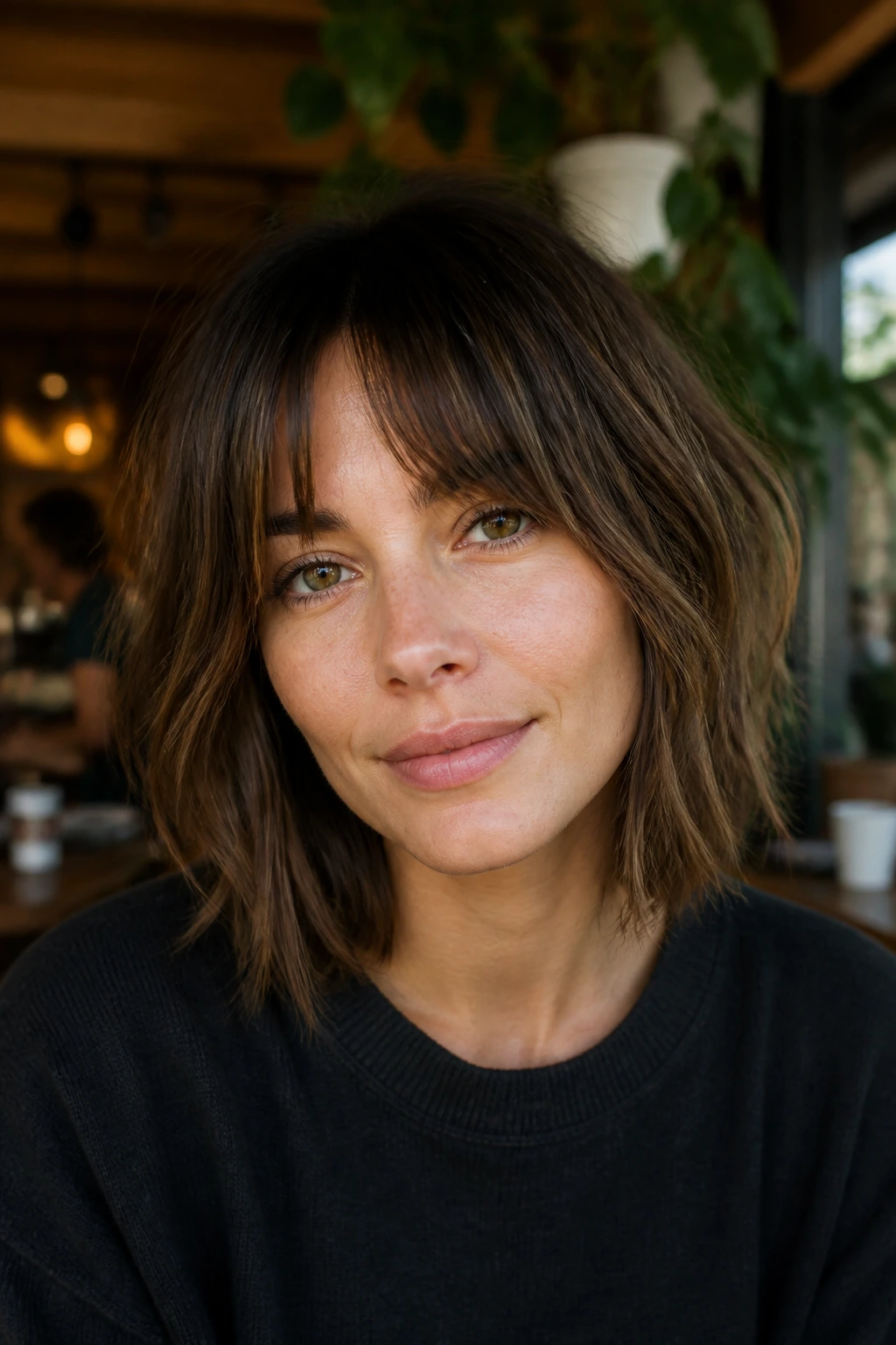 Portrait of a real woman with layered shag bob and bottleneck bangs in a cafe setting.