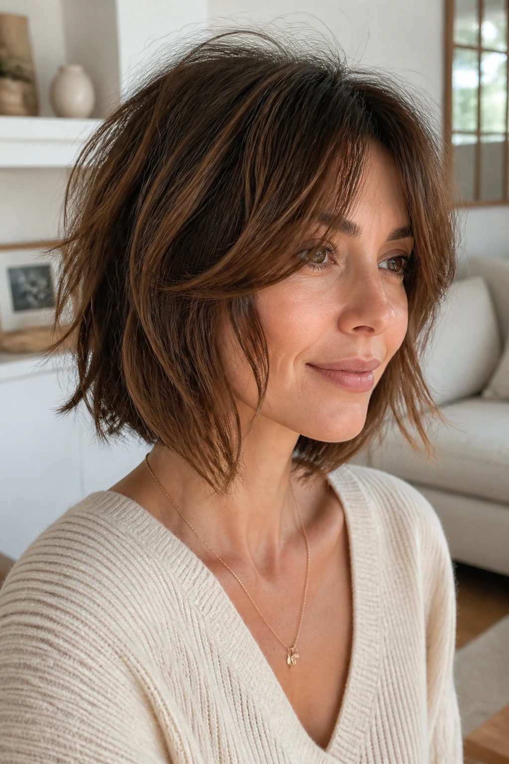 Close-up of a woman with layered shag bob and face-framing bangs