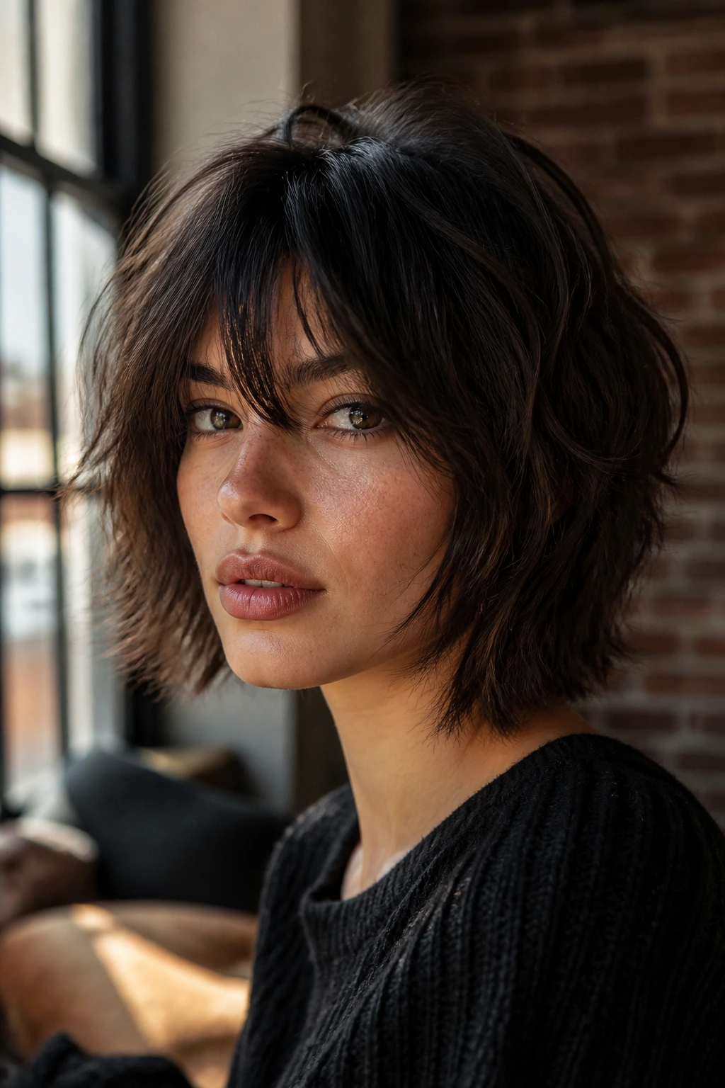 Close-up of real woman with layered shag bob in dark brunette.