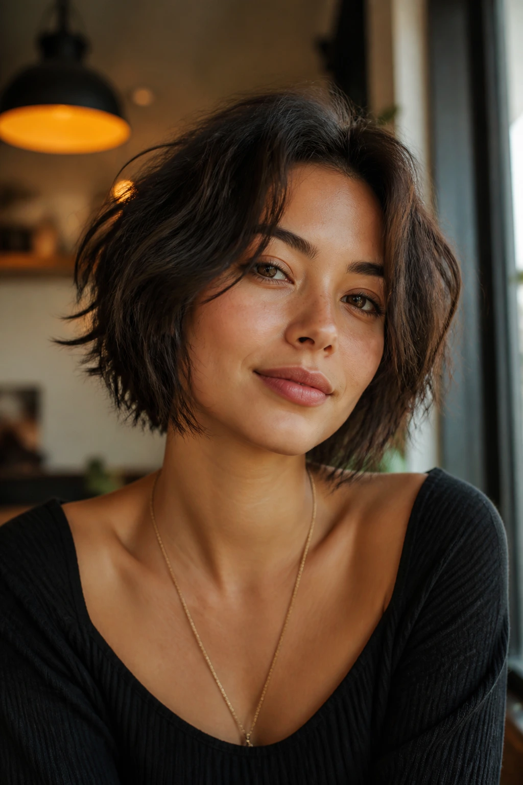 Close-up of a real woman with layered shaggy chin-length bob and texture