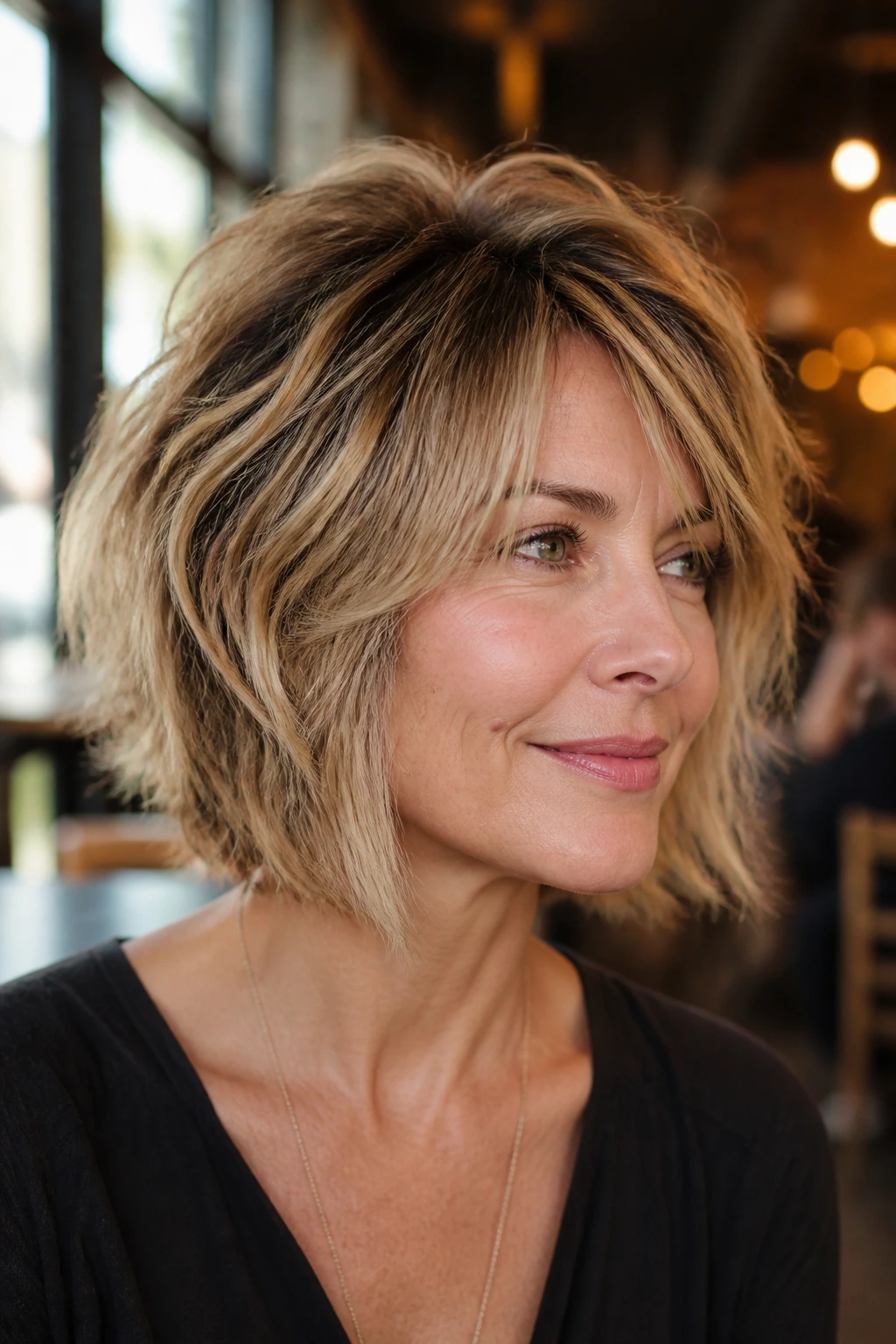 Portrait of a woman with layered shag-bob showing internal layers and crown volume