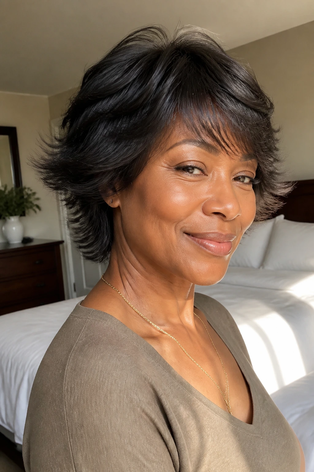 Close-up of a real woman with feathered layered shag hairstyle in warm natural light