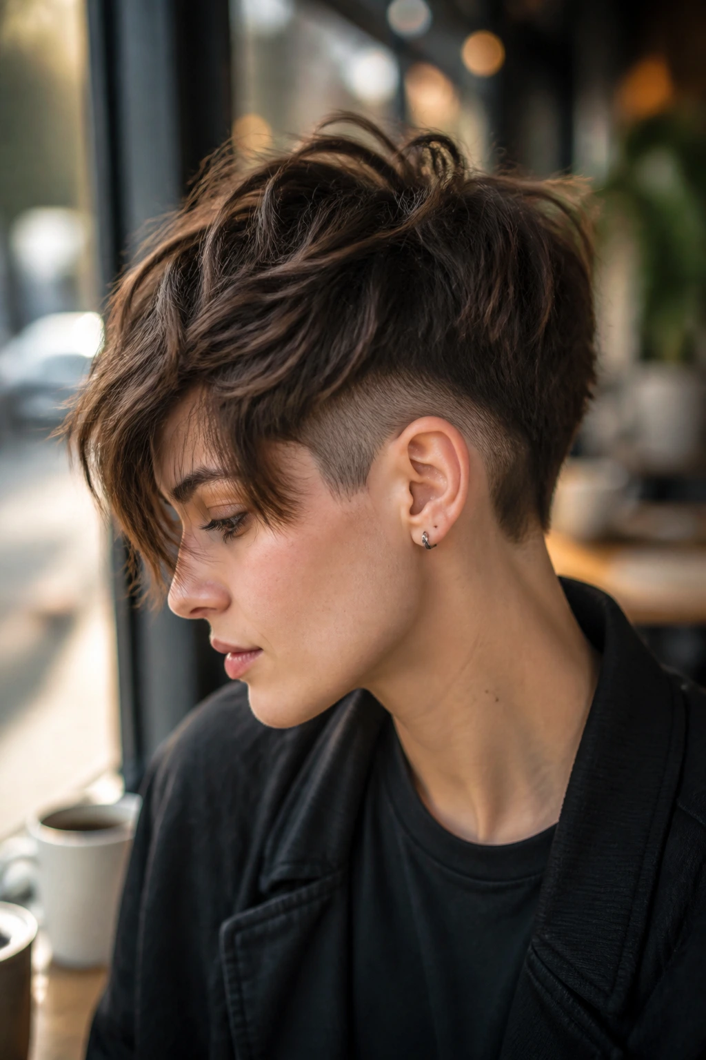 Close-up portrait of a real person with layered shag over shaved nape and sides.