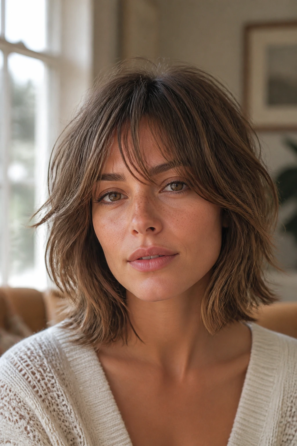 Close-up portrait of a woman with layered shag and wispy bangs in natural window light