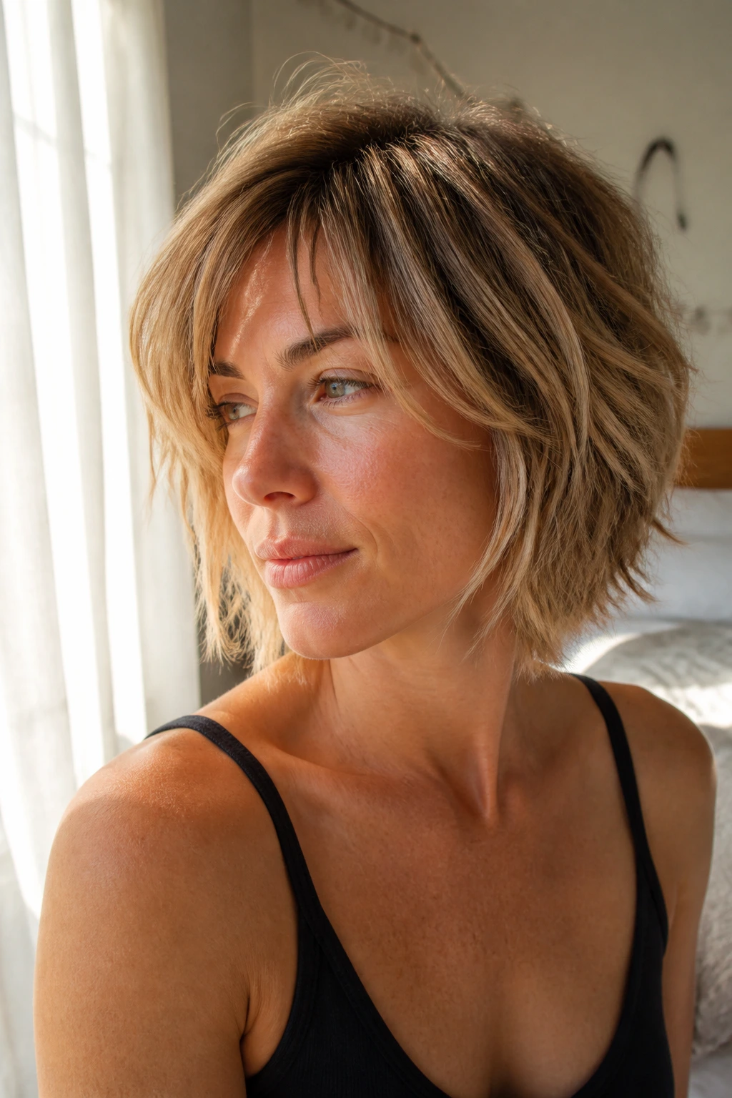 Close-up of real woman with layered shag and wispy ends