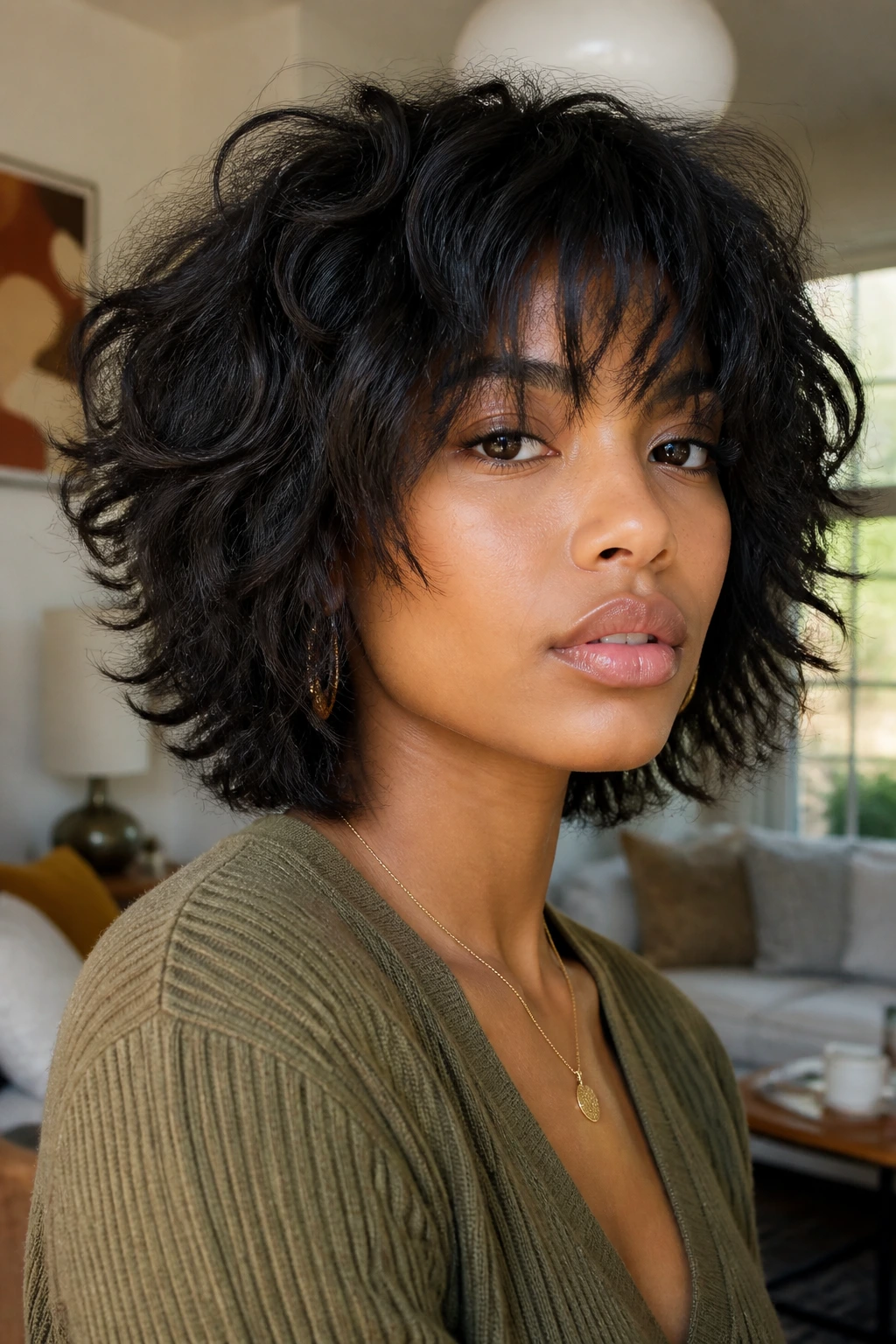 Close-up of a real person with layered shaggy bob and feathered ends.