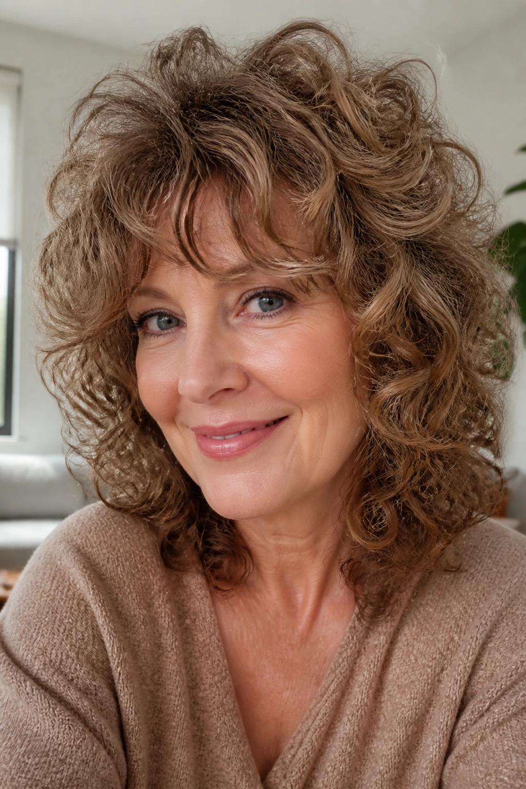 Portrait of a real person with softly layered shaggy poodle hairstyle