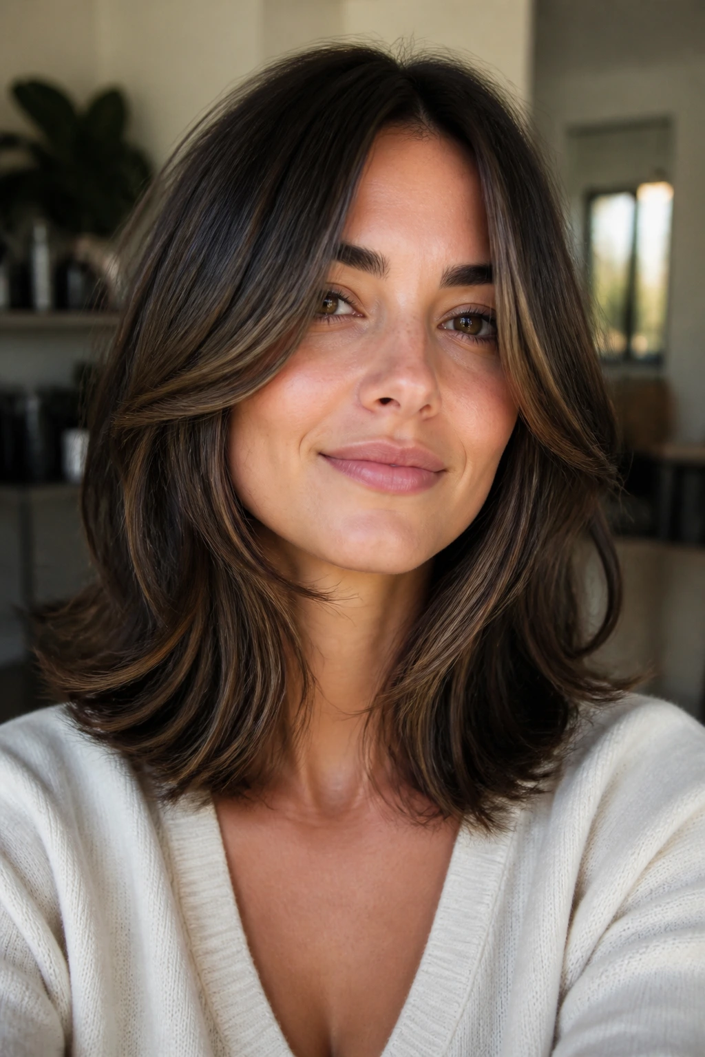 Close-up of a real woman with deeply layered shoulder-length thick hair and middle part