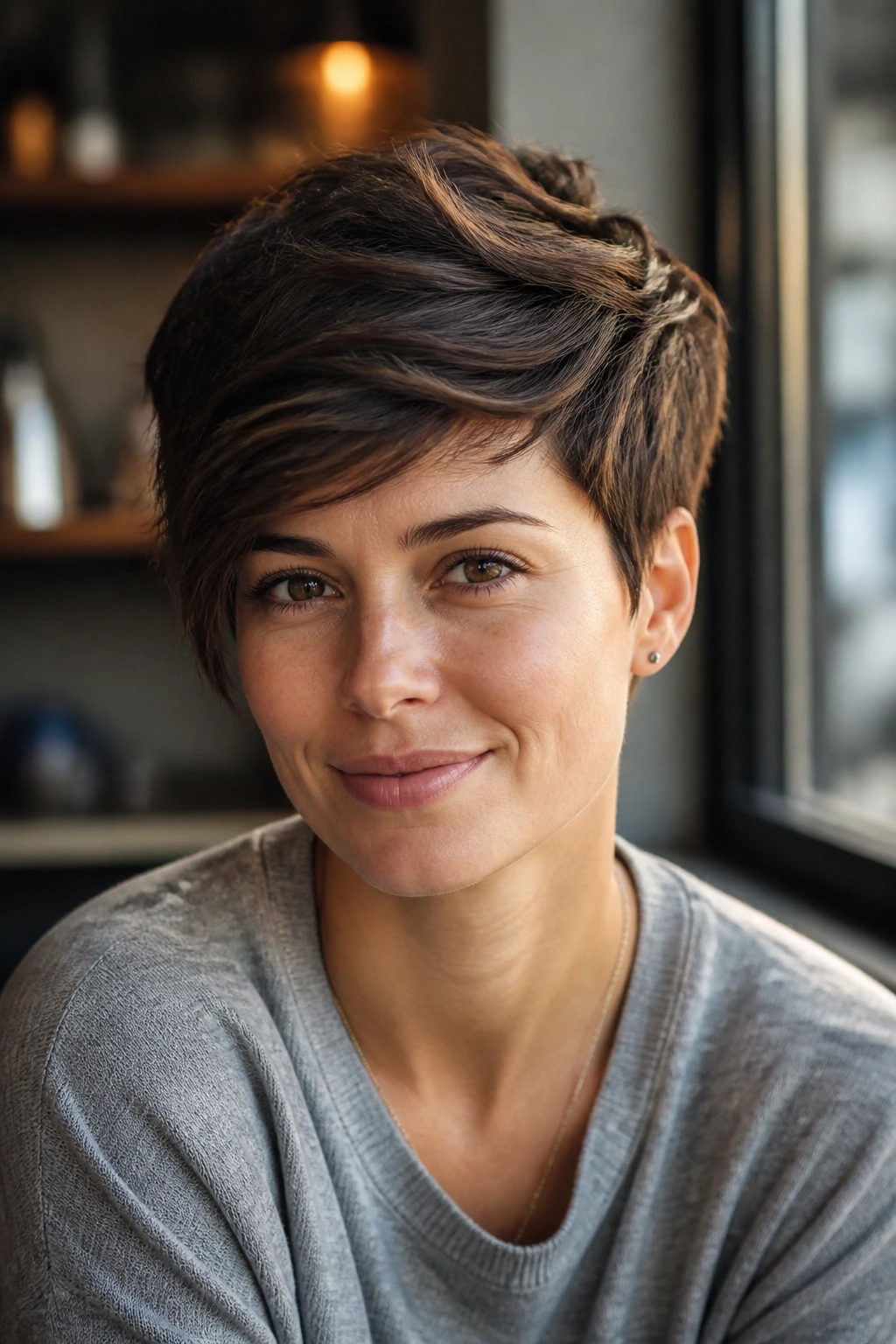 Close-up portrait of a woman with layered sideswept crop in a cafe window setting