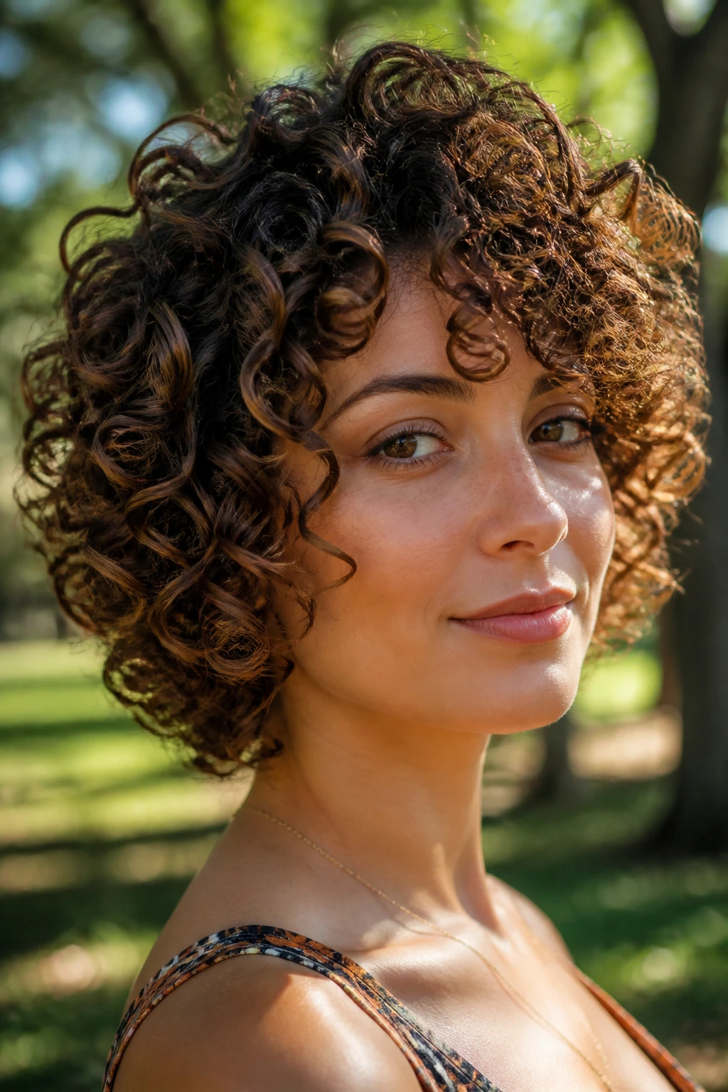 Portrait of a real woman with layered spiral curls cascading in spirals