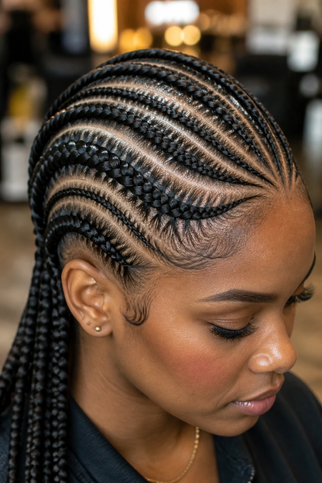 Close-up of layered sweep cornrows showing depth and texture on a real person's hair