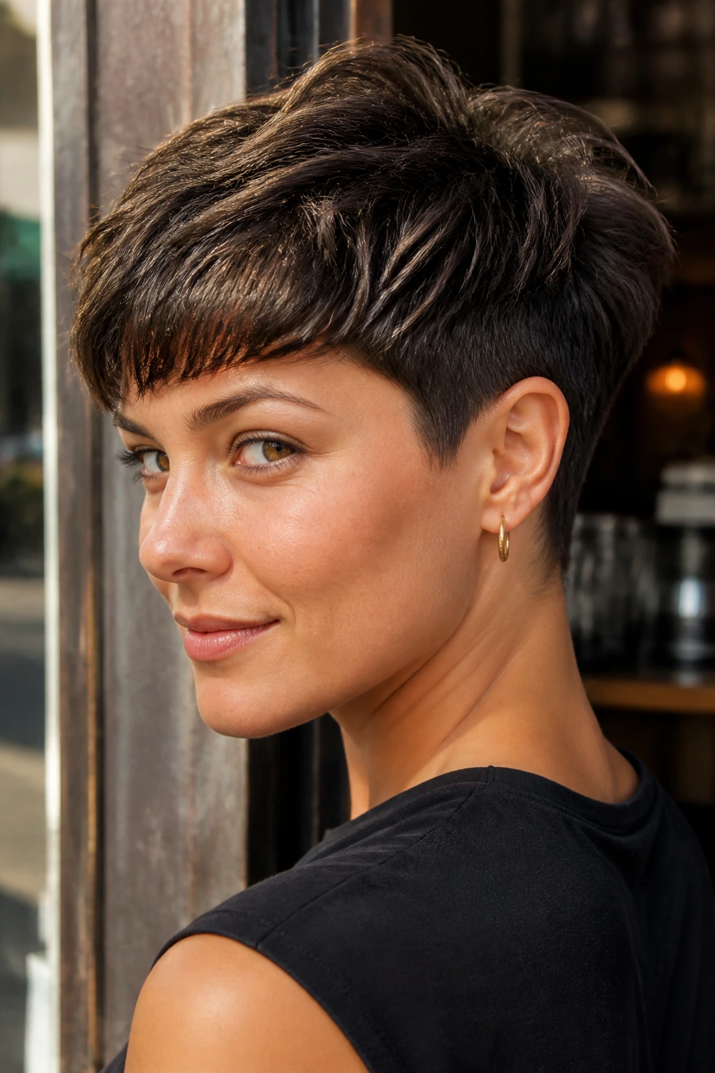 Close-up portrait of a person with layered taper crop.