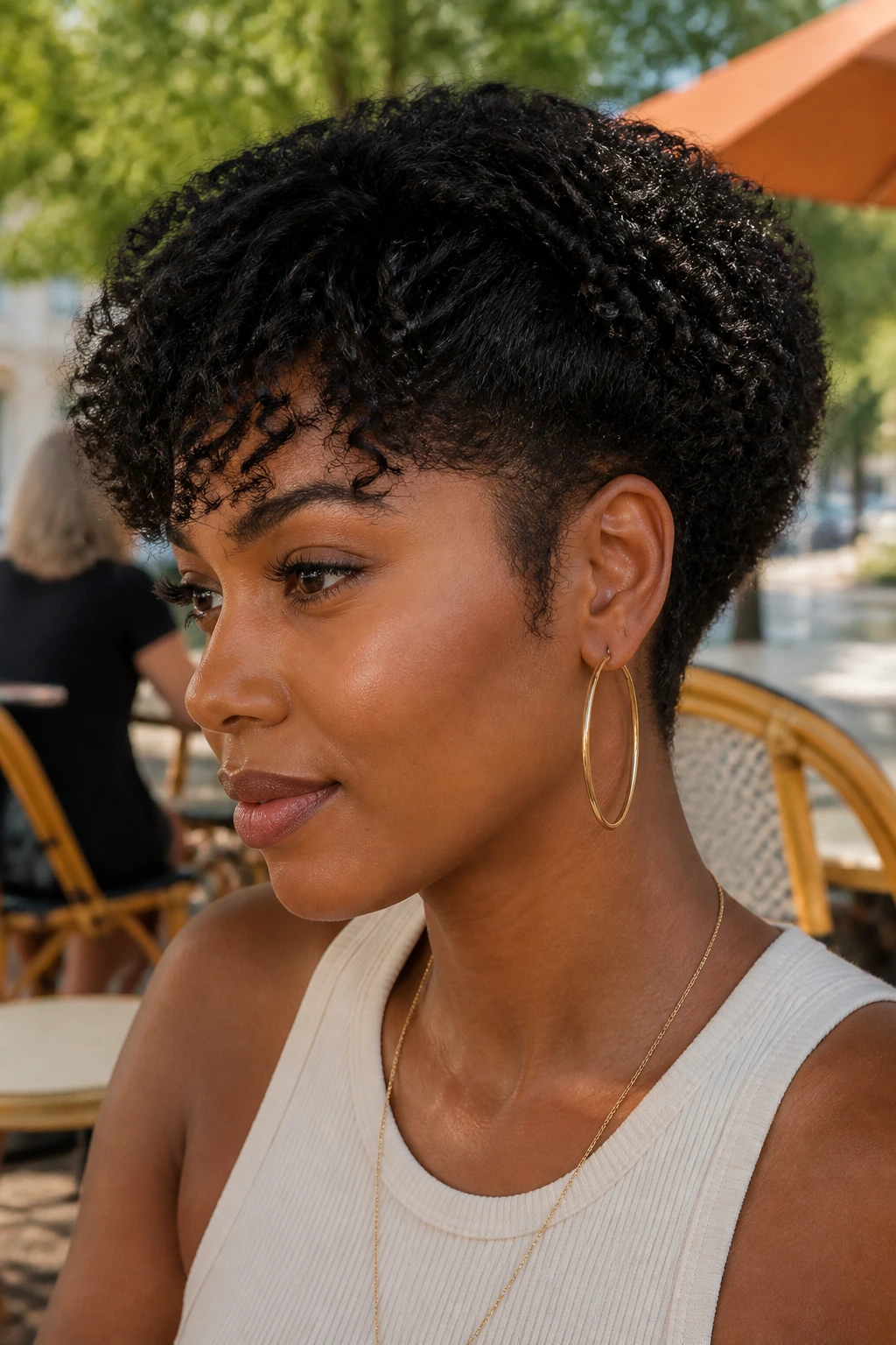 Close-up of a real woman with layered tapered bob showing tapered nape