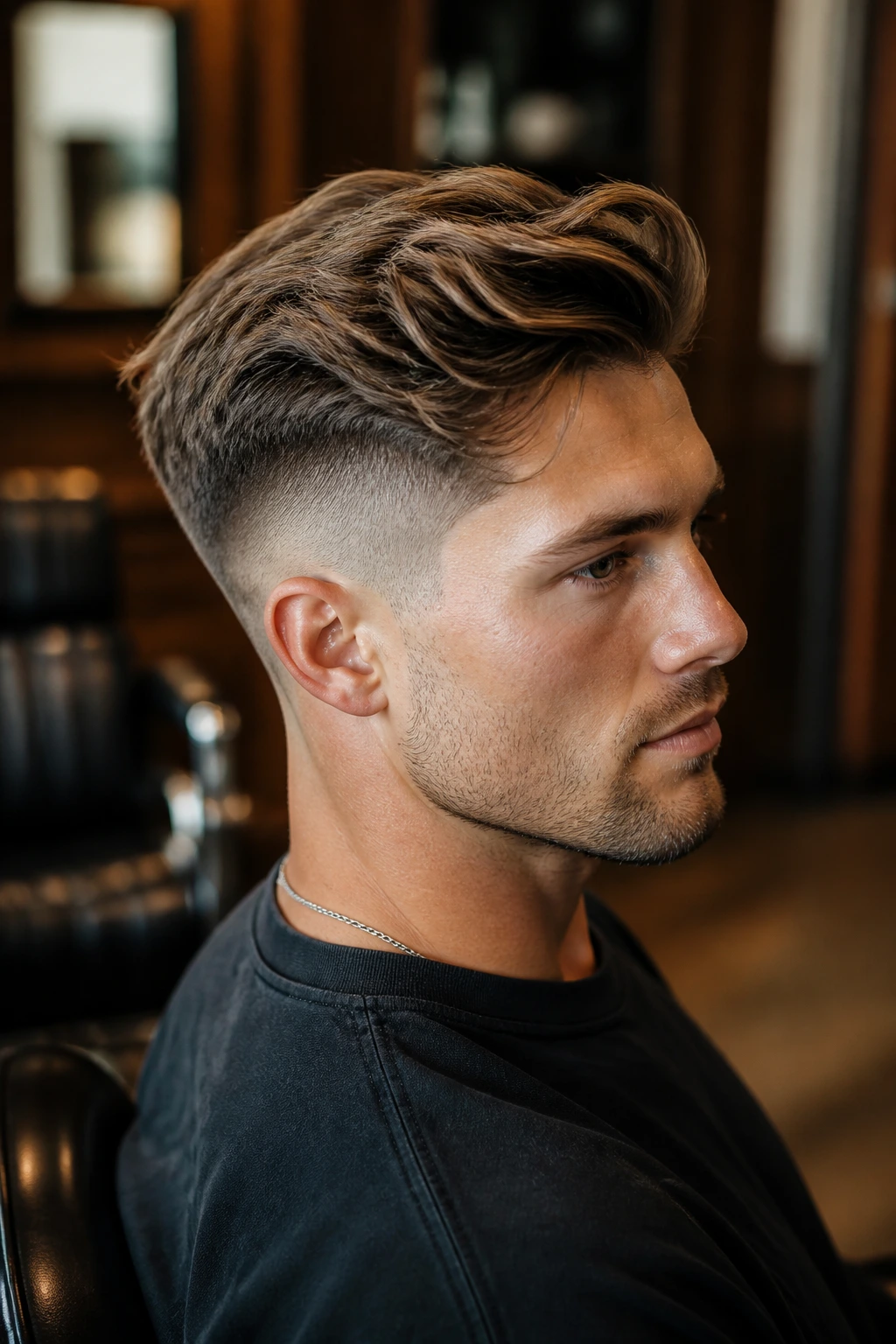 Close-up portrait of a man with a layered undercut fade in a barbershop