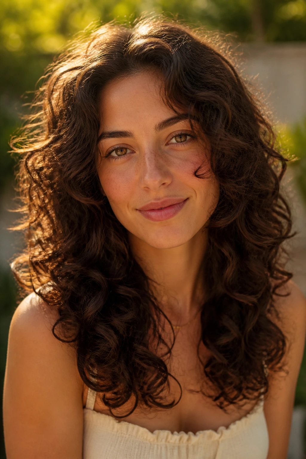 Portrait of a real woman with curly hair and a soft layered V-cut.