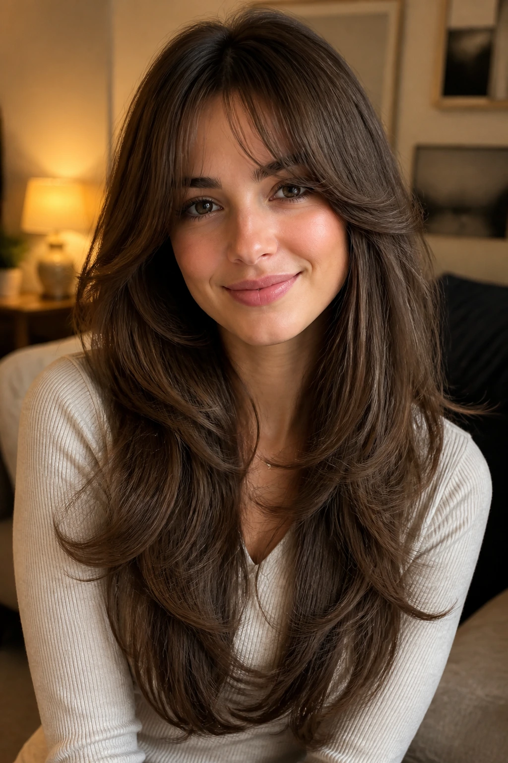 Close-up of a real woman with layered V-cut and curtain bangs in warm living room light