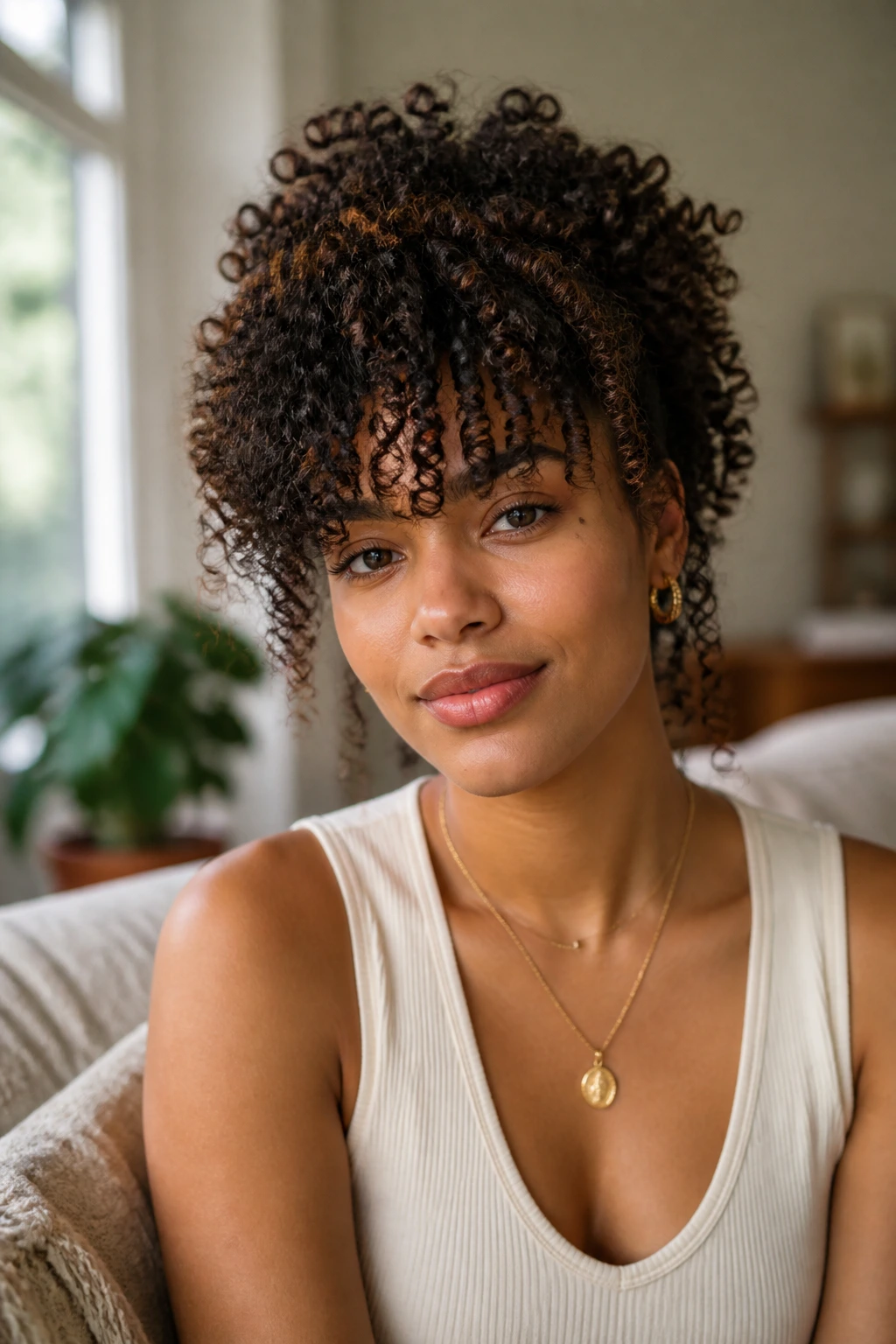 Close-up of layered wash-and-go fringe on a real person with curls around the crown