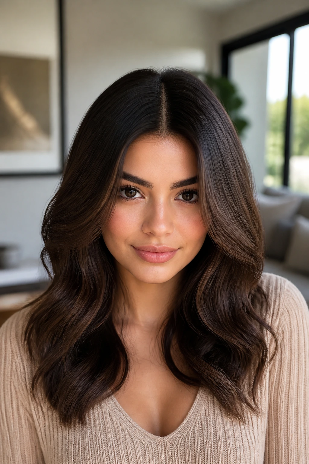 Close-up of a woman with layered waves and a deep center part