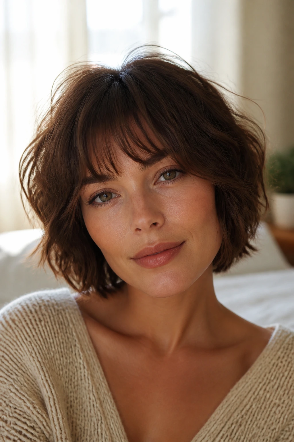 Close-up portrait of a woman with layered wavy bob and wispy fringe by a window