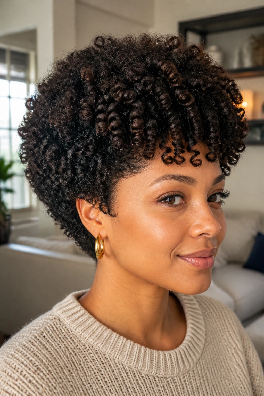 Layered volume wedge hairstyle on a real person with curly hair