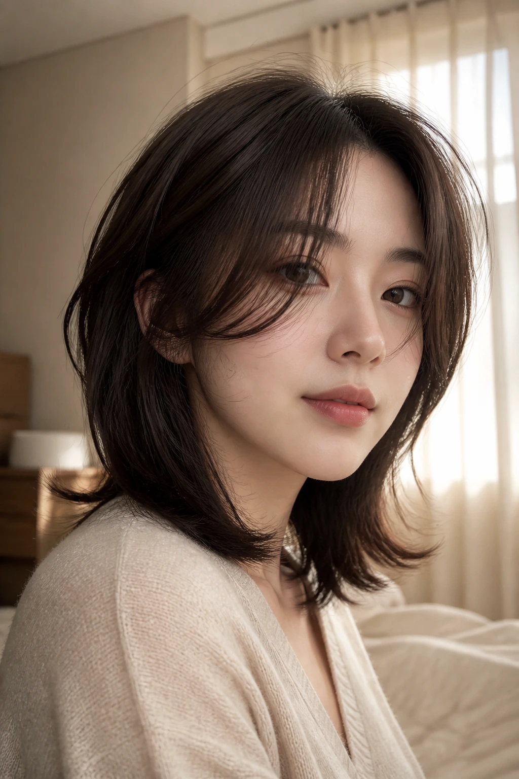 Close-up of a real woman with The Layered Wendy Cut featuring face-framing layers and tame frizz