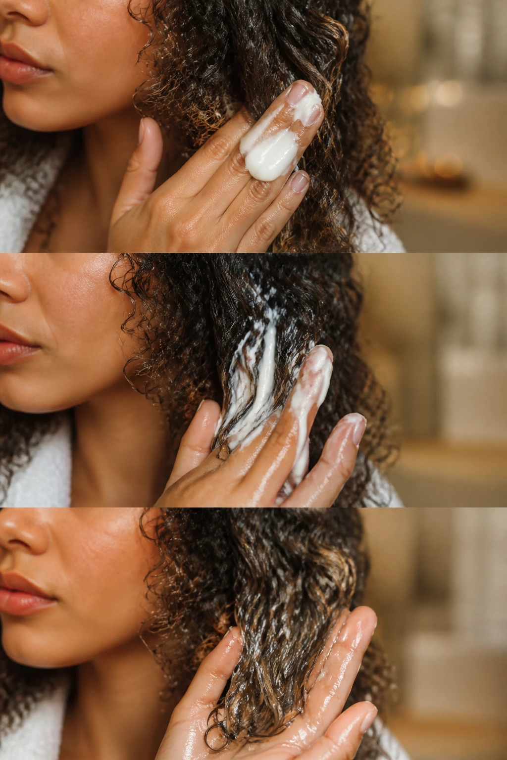 Close-up of a woman's curls with hands applying leave-in, cream, and gel in sequence