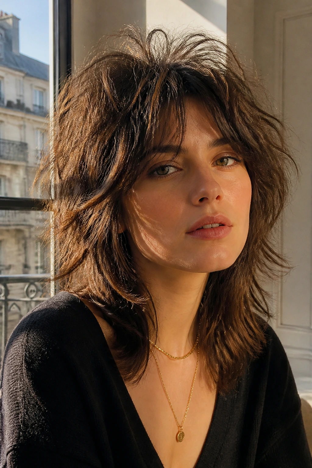 Close-up of a woman with Le Shag textured crown and curtain fringe in a sunlit Parisian apartment
