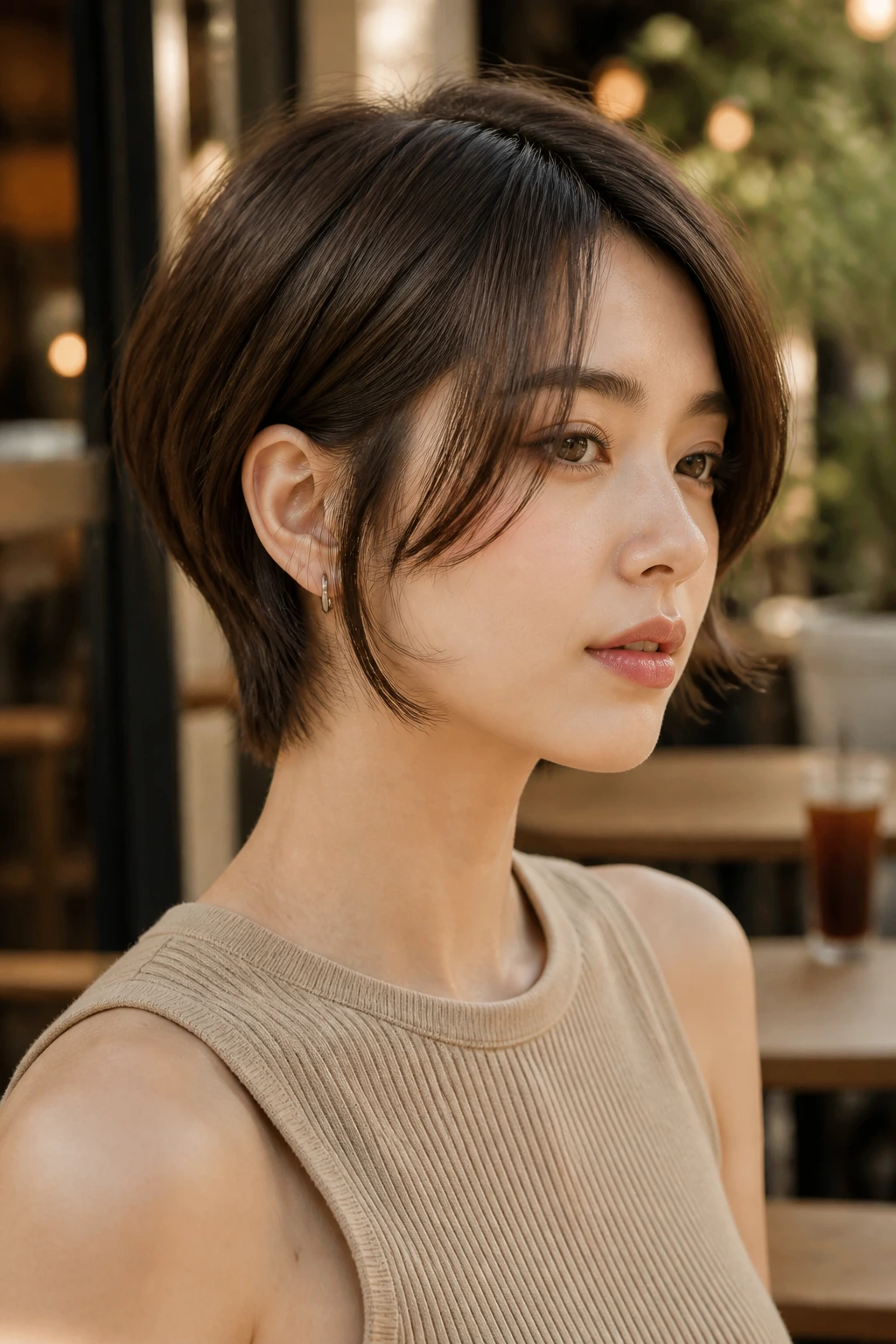 Real woman with Leaf Cut and elongated side bangs at a cafe