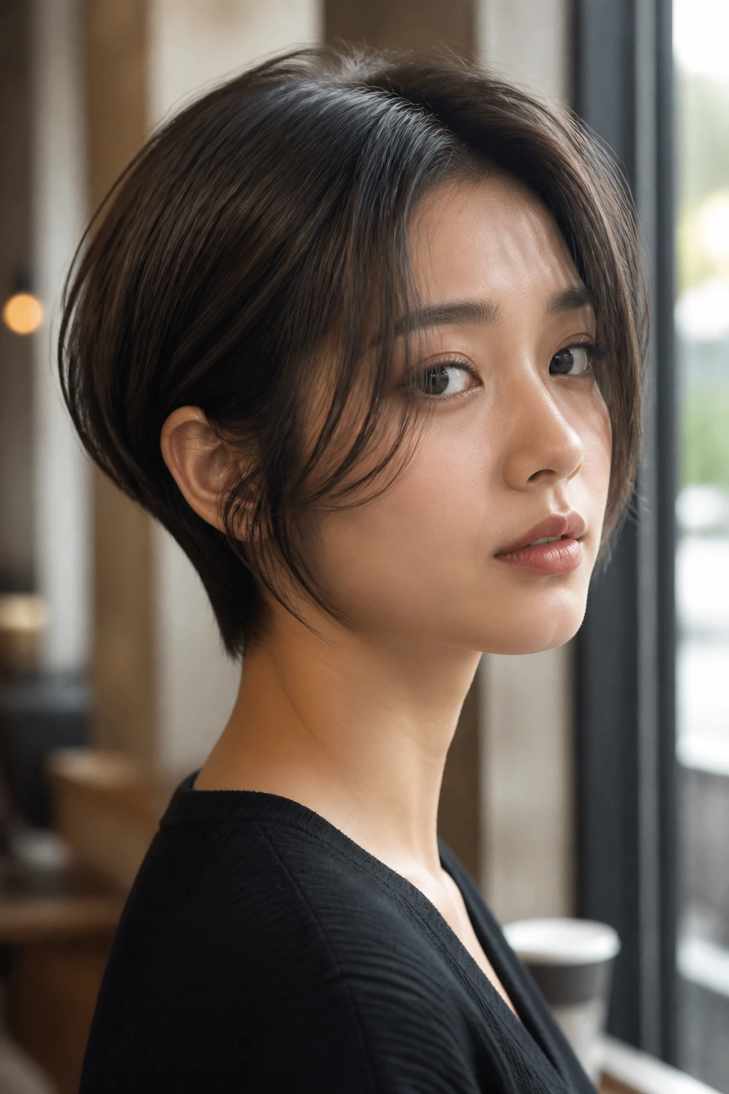 Close-up of real woman with Leaf Cut and tapered nape