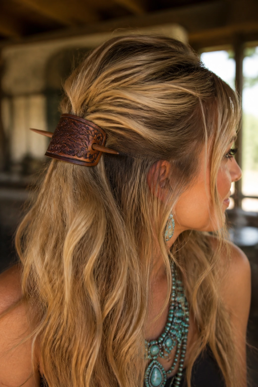 Close-up of a real woman wearing a half-up hairstyle with a leather barrette