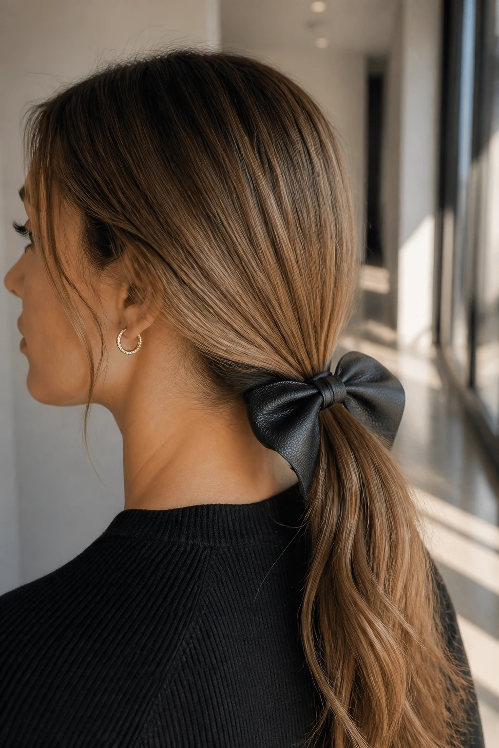 Real woman with a low ponytail accented by a leather bow