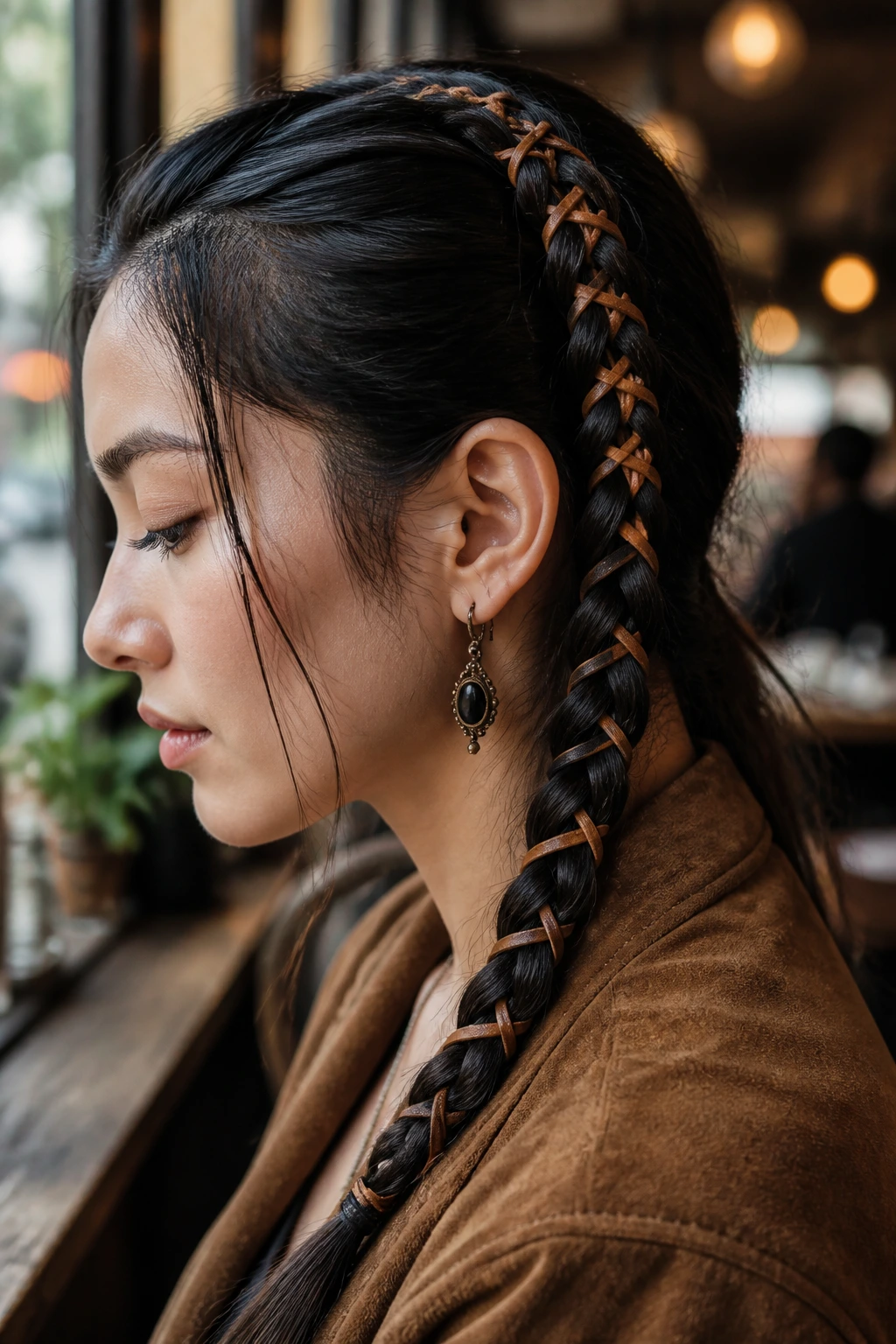 Close-up of leather cord wrapped around a braid on a real person