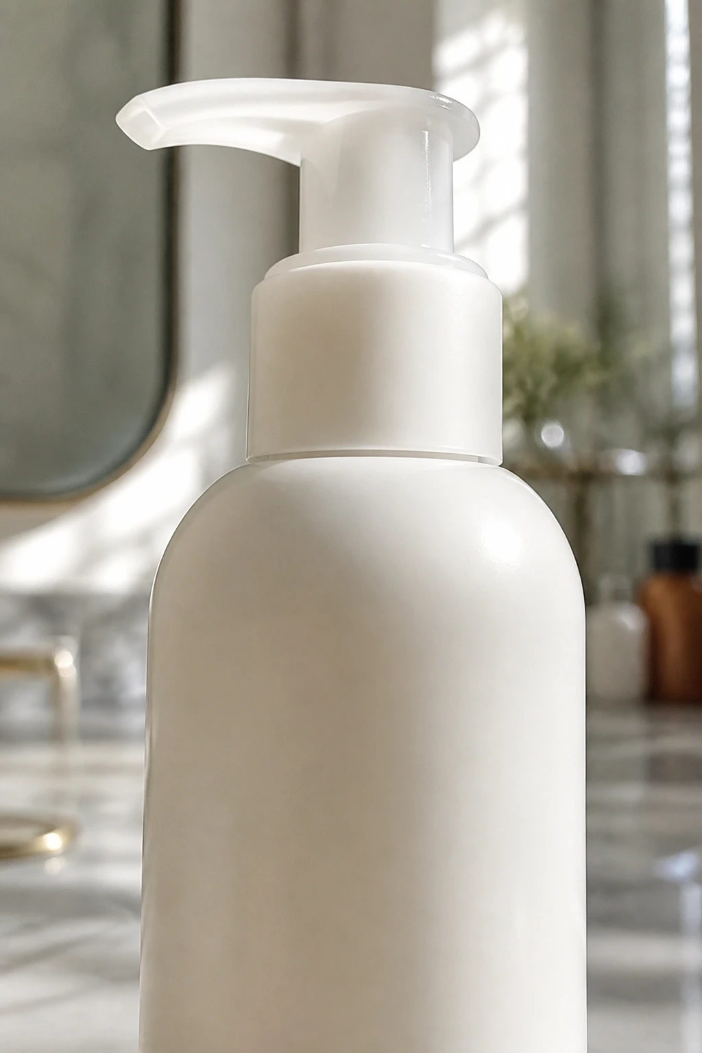 Minimalist bottle representing lightweight leave-in conditioner on a bathroom vanity