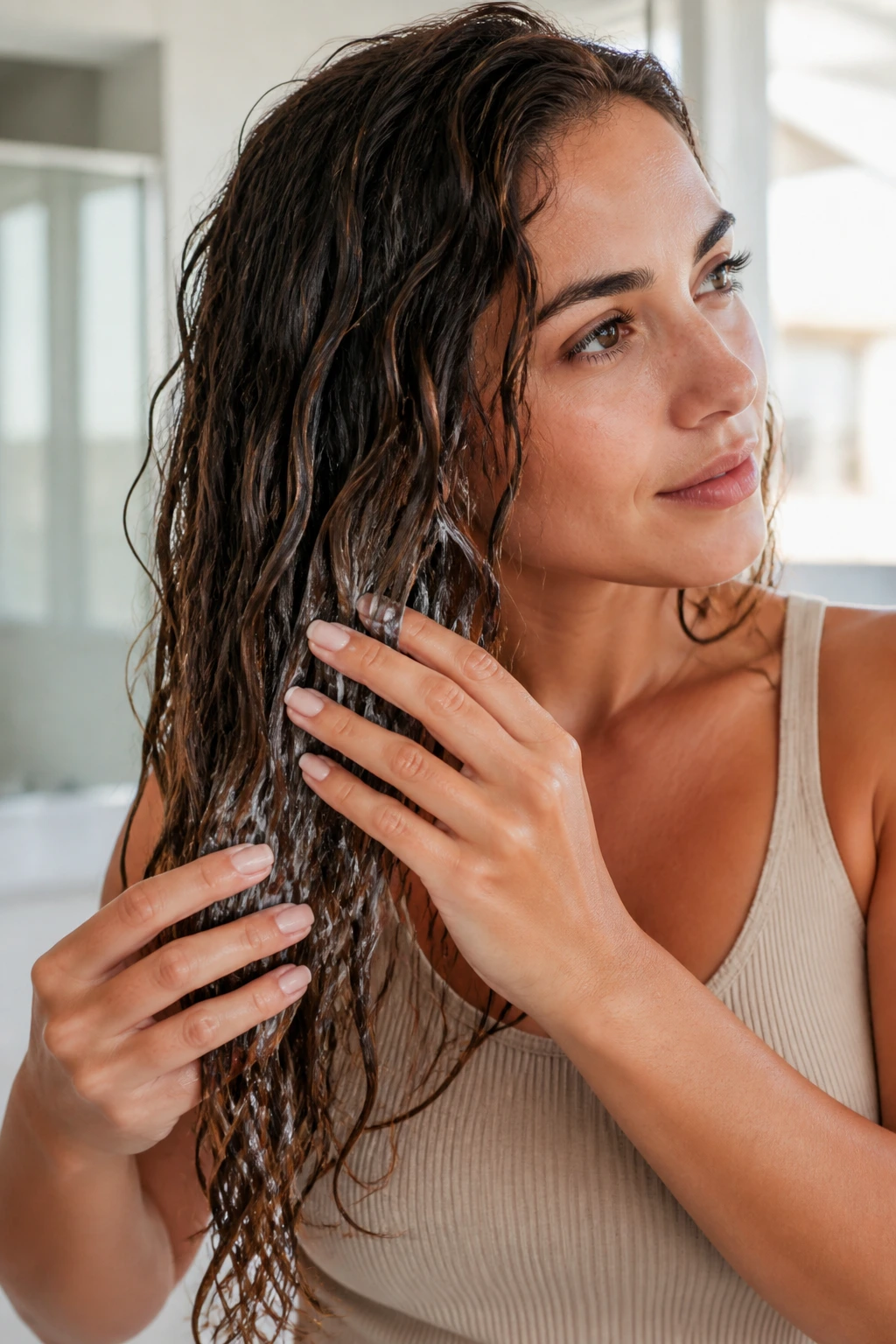 Close-up of a real person applying leave-in conditioner to wet hair