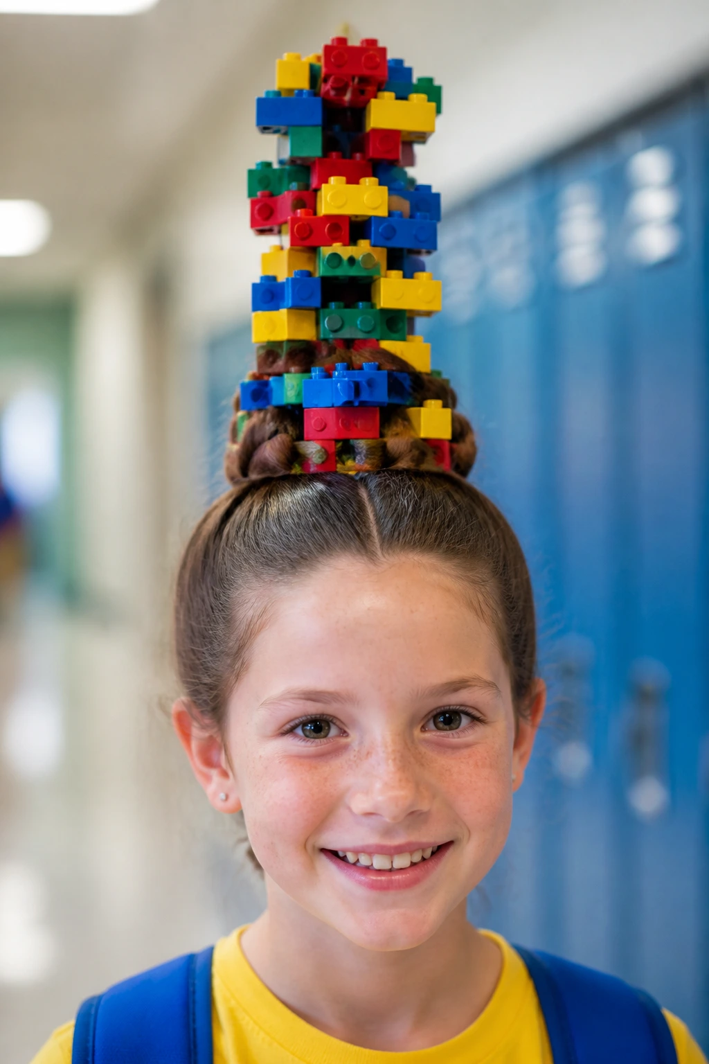 Close-up of a real child with a LEGO brick tower hairstyle on the head