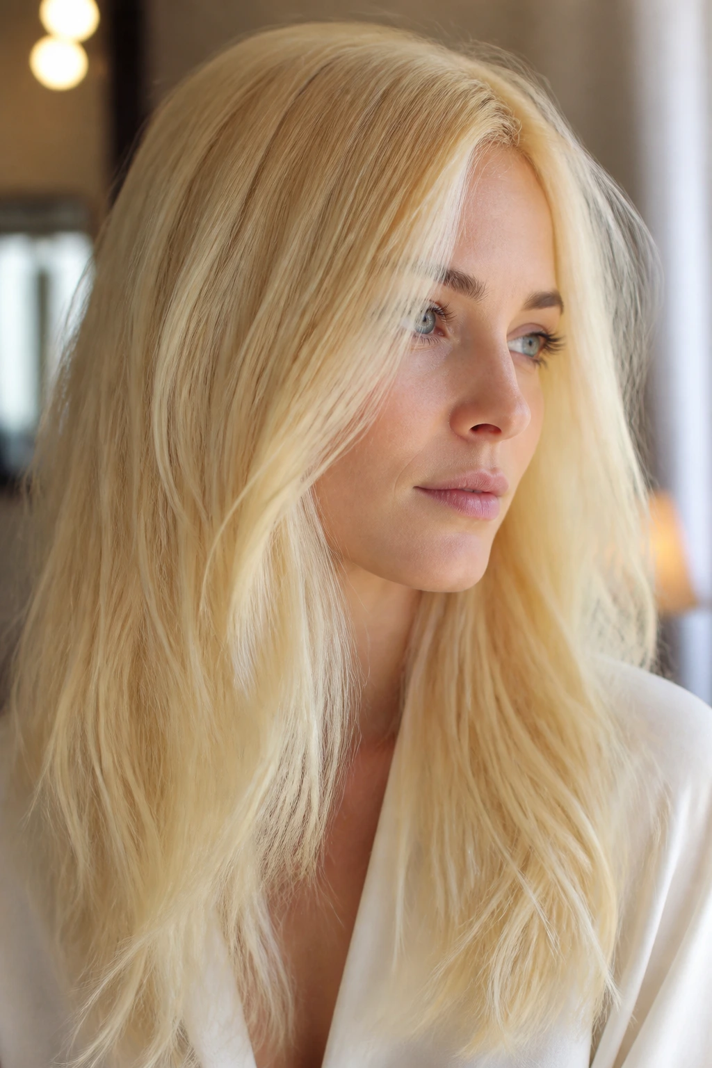 Close-up portrait of a real woman with Lemon Chiffon hair in translucent pale yellow