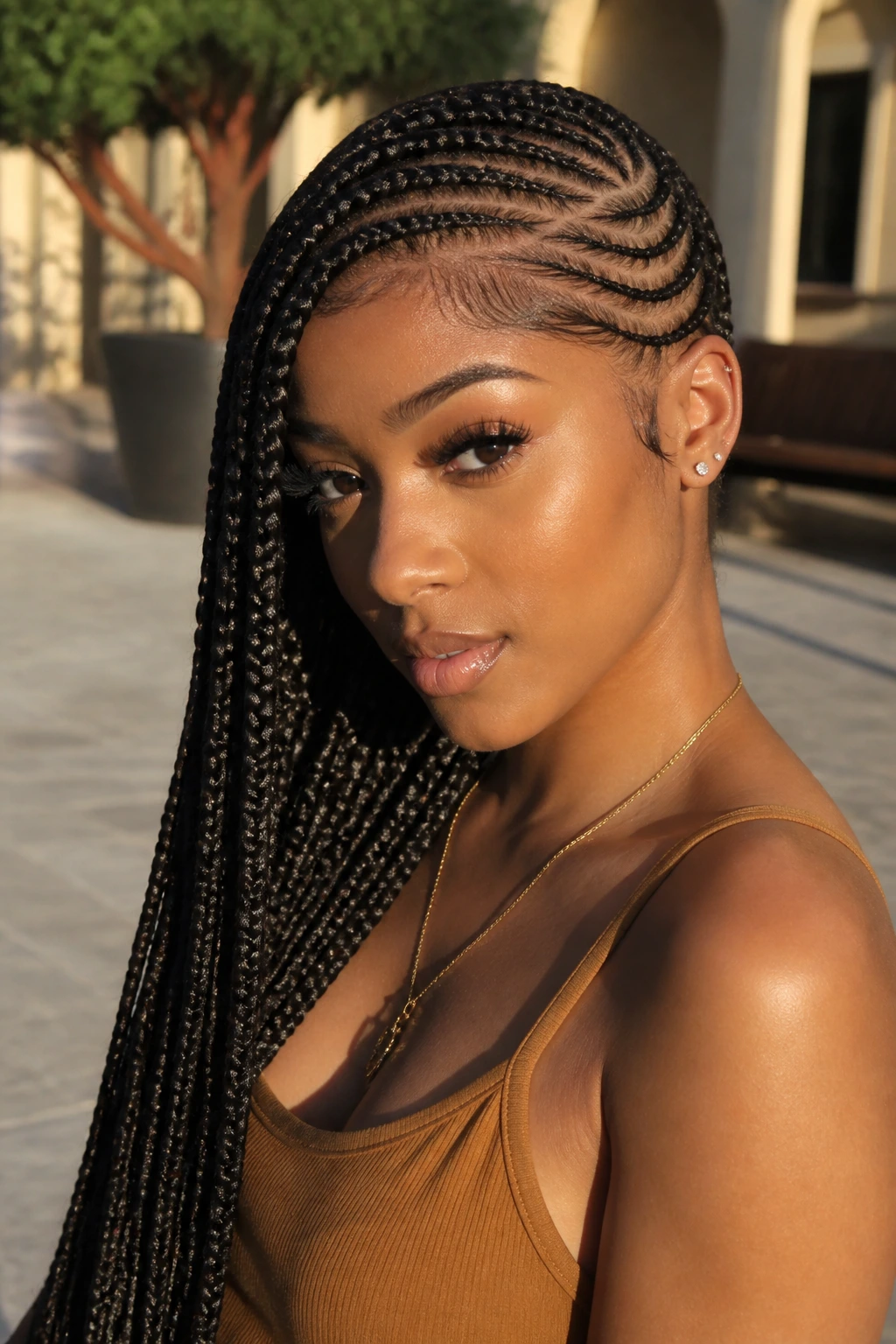 Real person with lemonade braid style side-swept cornrows