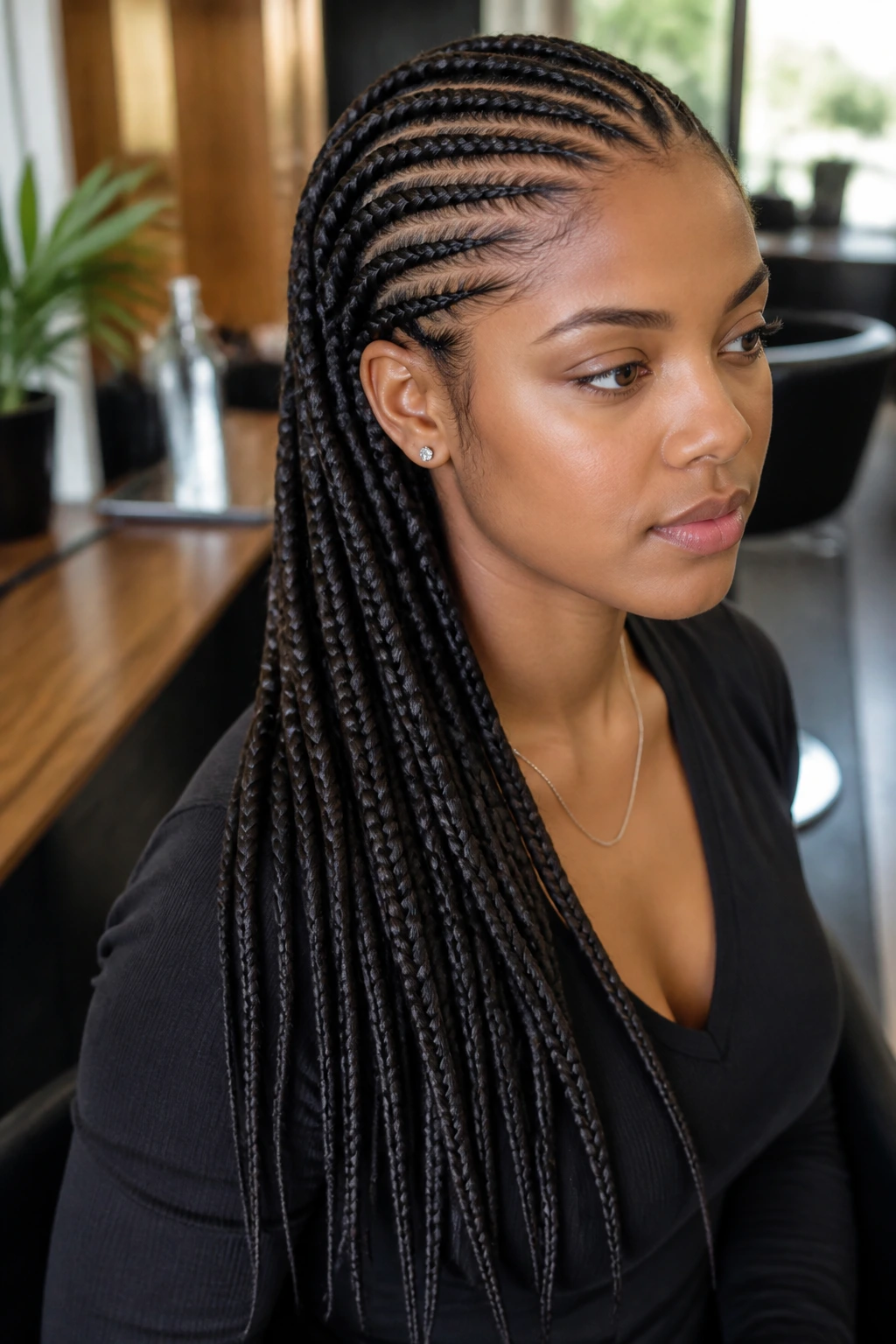 Close-up portrait of a real woman with lemonade braids ending braided ends in a warm salon setting