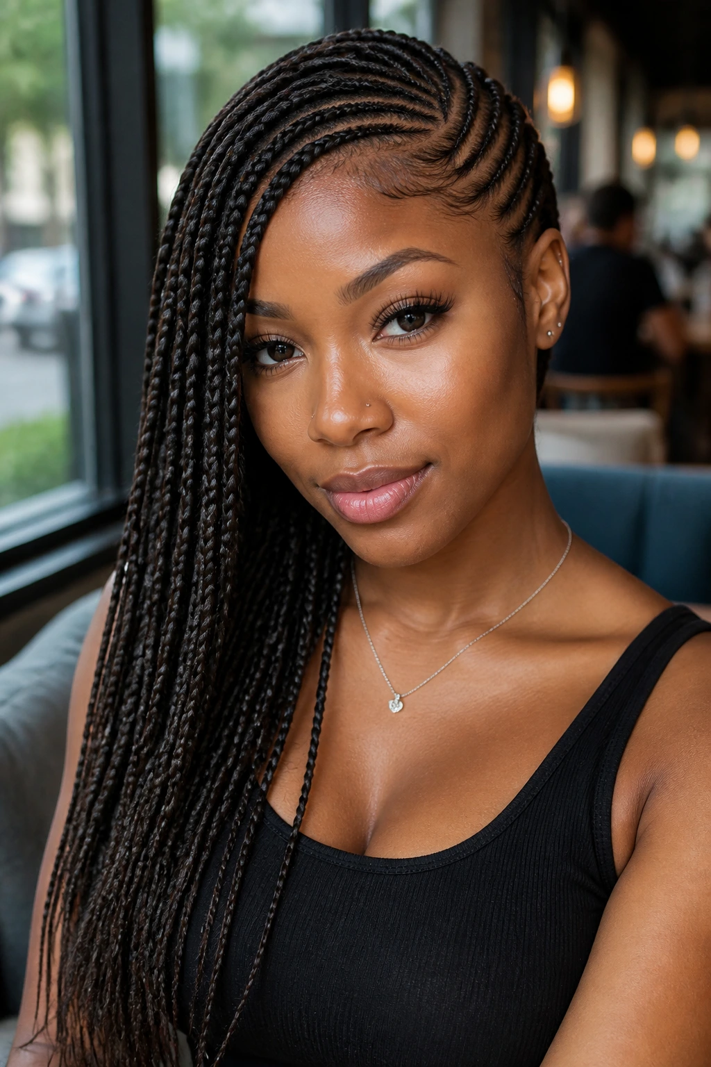 Close-up of lemonade braids on a real woman in cafe light