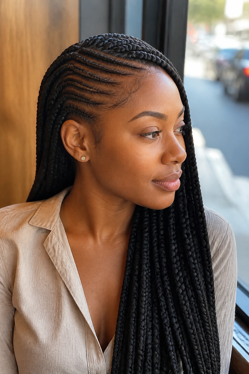 Close-up portrait of lemonade braids on a real woman in a cafe window seat