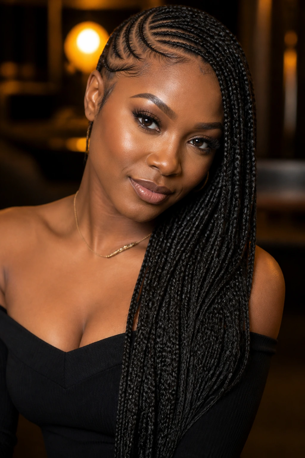 Close-up portrait of a real woman with lemonade braids side-parted and draped over the shoulder.
