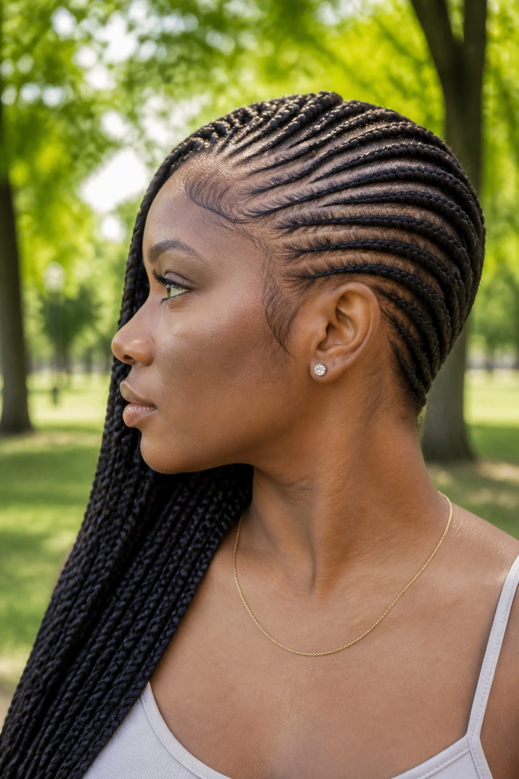 Side-profile of a real woman wearing lemonade braids